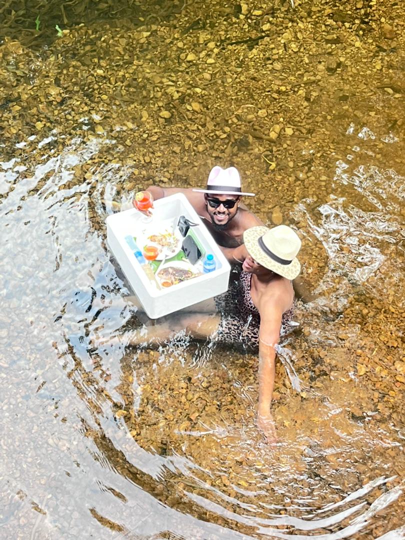 Couple with floating food basket